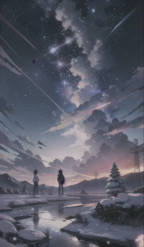Anime a boy listening music on keypad nokia phone with headphones on standing on a rock looking at the sky, cosmic skies. by mak...