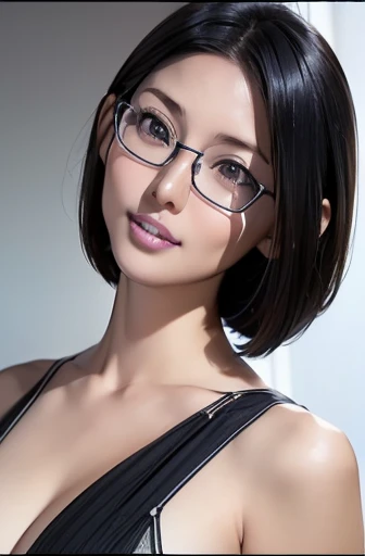 (chef-d&#39;œuvre), (8k, meilleure qualité, Haute résolution), (Ultra-détaillé, réaliste), (anatomiquement correct),  
((visage en gros plan)), (debout), (pas de fond),
(1femme),  (regarder le spectateur), 
(Une femme japonaise, 30 ans et 155 cm.), 
(cheveux noirs), (Cheveux raides), (coiffure courte), (coupe au carré), (cheveux derrière les oreilles), 
(porter des lunettes), ((lunettes à monture cellulaire noire)), 
((Portez une robe à bretelles fines bleu marine)), (Robe mini au design simple), 
(Créer une image détaillée de l&#39;œil), 
(Son impression est pure, propre et gentil.), 
((un sourire captivant, je montre juste quelques dents.)), 　 
