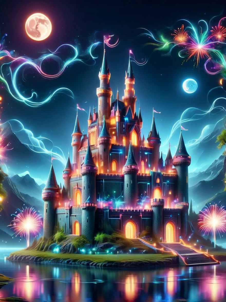 (Neon)，Circuit Board，(A mysterious dream castle:1.5), night，(moon:1.5)，(Bubbles)，(fireworks:1.5)，Dreams，(Psychedelic)，(Neon light)，In dreams，A hidden lake，Bright colors，A Glowing Feast，Add a unique character emitting the ethereal aura of a fantasy creature by the water，Wide angle lens，Make it panoramic，Showcasing stunning castle woodland scenery，This magical scene is full of the essence of the fantasy world, Fine fractal，smooth，vivid，Color ink，sketch，Shiny silhouette，(Ultra HD, masterpiece, precise, Anatomically correct, textured skin, High Detail, high quality, The award-winning, 8k), nlgtstyle