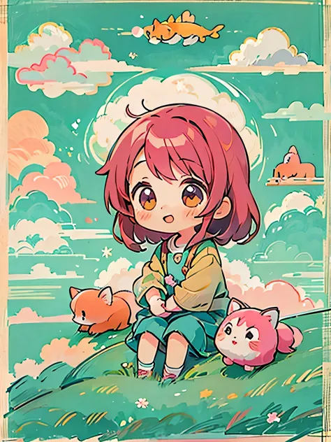 Momoko Sakura style, Kawaii Design, The most beautiful girl of all time、Chibi、(((Above the Clouds)))、Lots of animals, fun