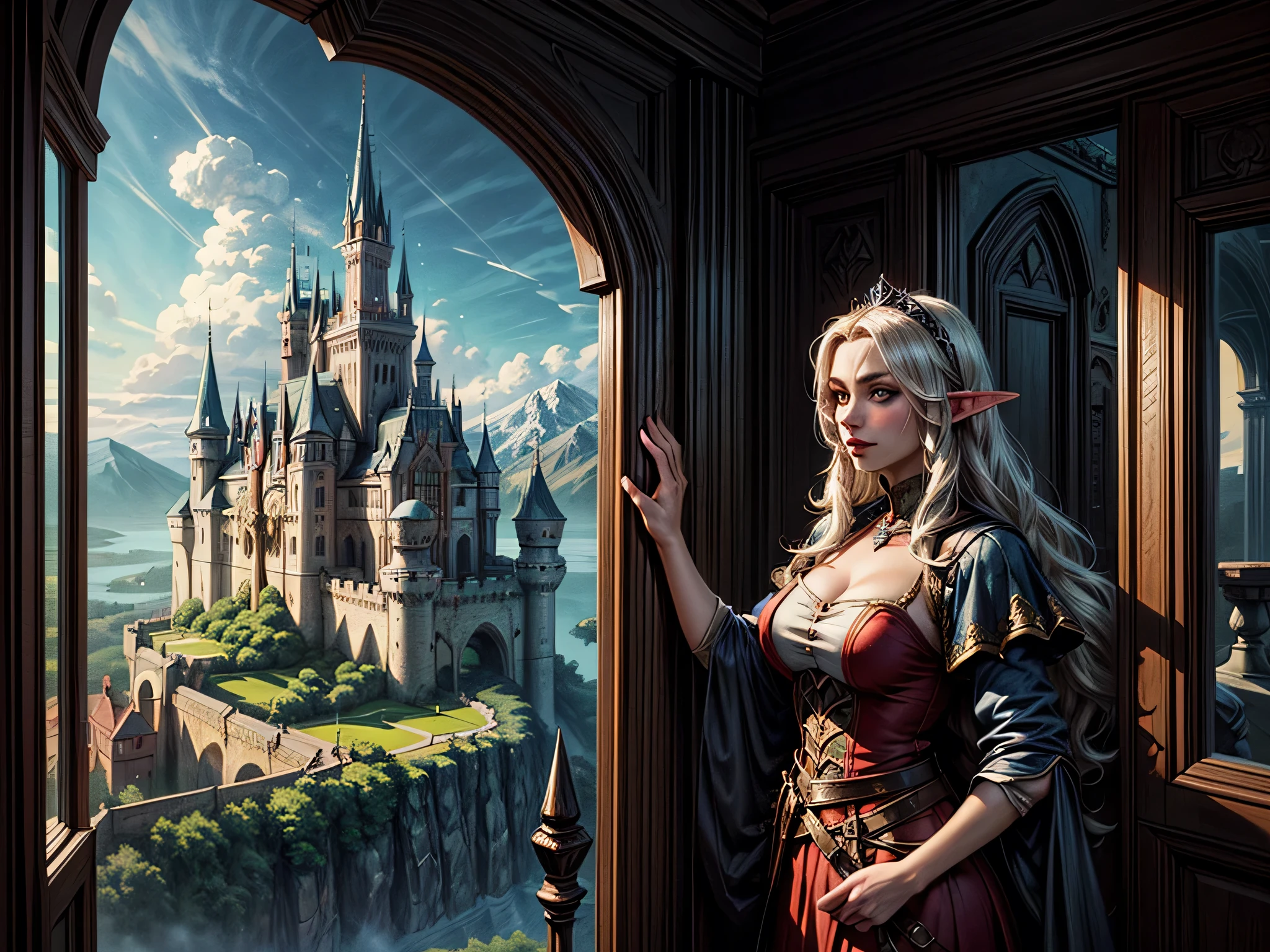 Fantasy-Kunst, RPG art, eine Prinzessin, die durch ihr Fenster auf ein magisches Schloss blickt, eine wunderschöne Elfenprinzessin, die durch ihr Fenster auf ein magisches Schloss blickt, ein beeindruckendes, detailgetreues Schloss, mit Türmen, Brücken, ein Graben, auf einem Berggipfel stehend farbig glasiert_xl