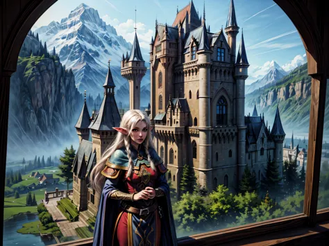 fantasy art, RPG art, a princess looking through her window at a magical castle, a beautiful elven princess looking through her ...