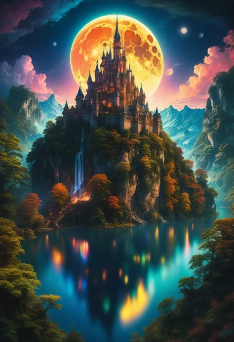 Dream Castle, aesthetic, Masterpiece, a castle with a full moon in the background and a lake in the foreground, beautiful detail...