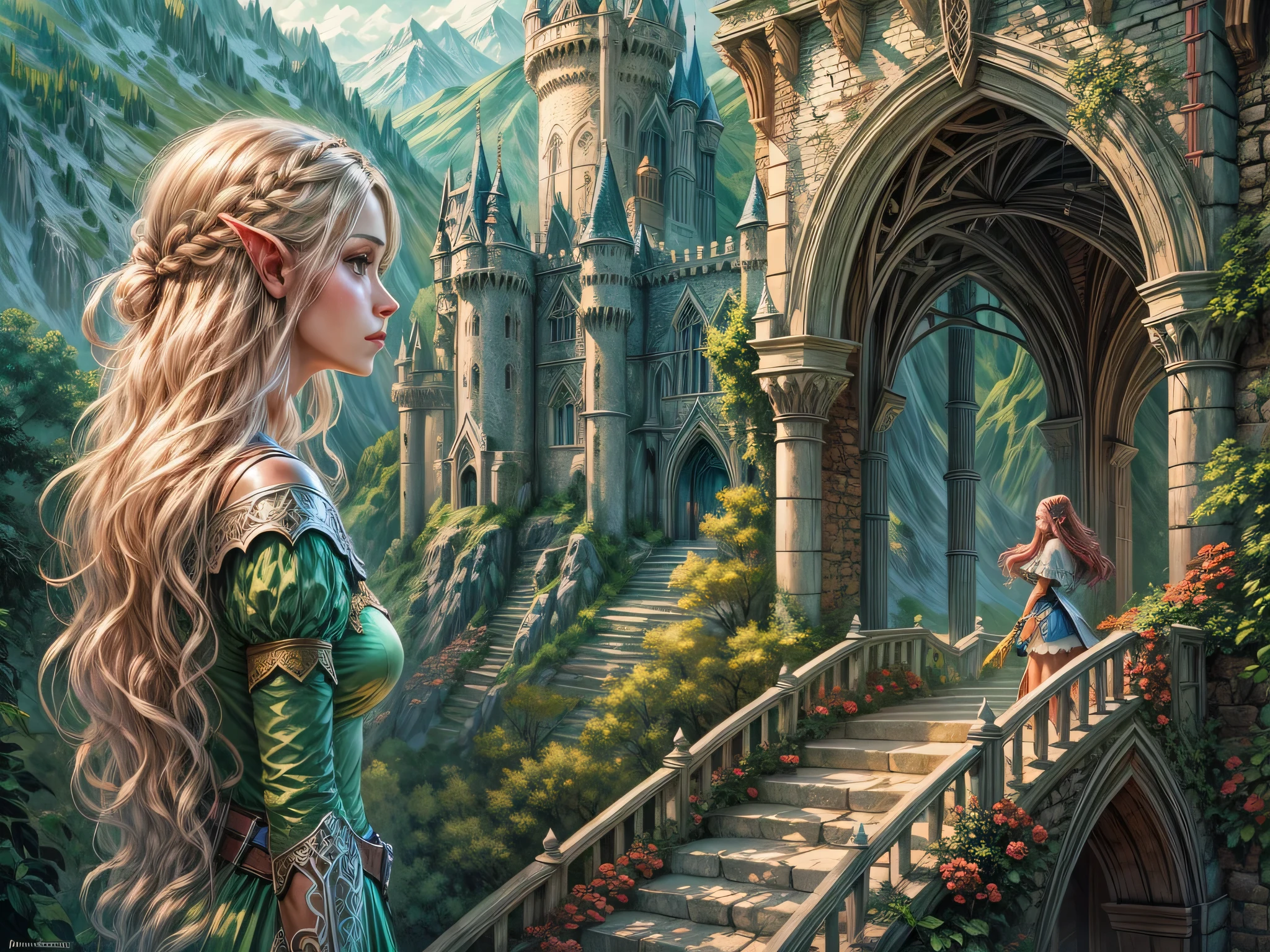 art fantastique, Art du RPG, une princesse regardant par sa fenêtre un château magique, une belle princesse elfique regardant par sa fenêtre pour voir un château magique, un château impressionnant et détaillé, avec des tours, des ponts, un fossé, debout au sommet d&#39;une montagne colouredglazecd_xl