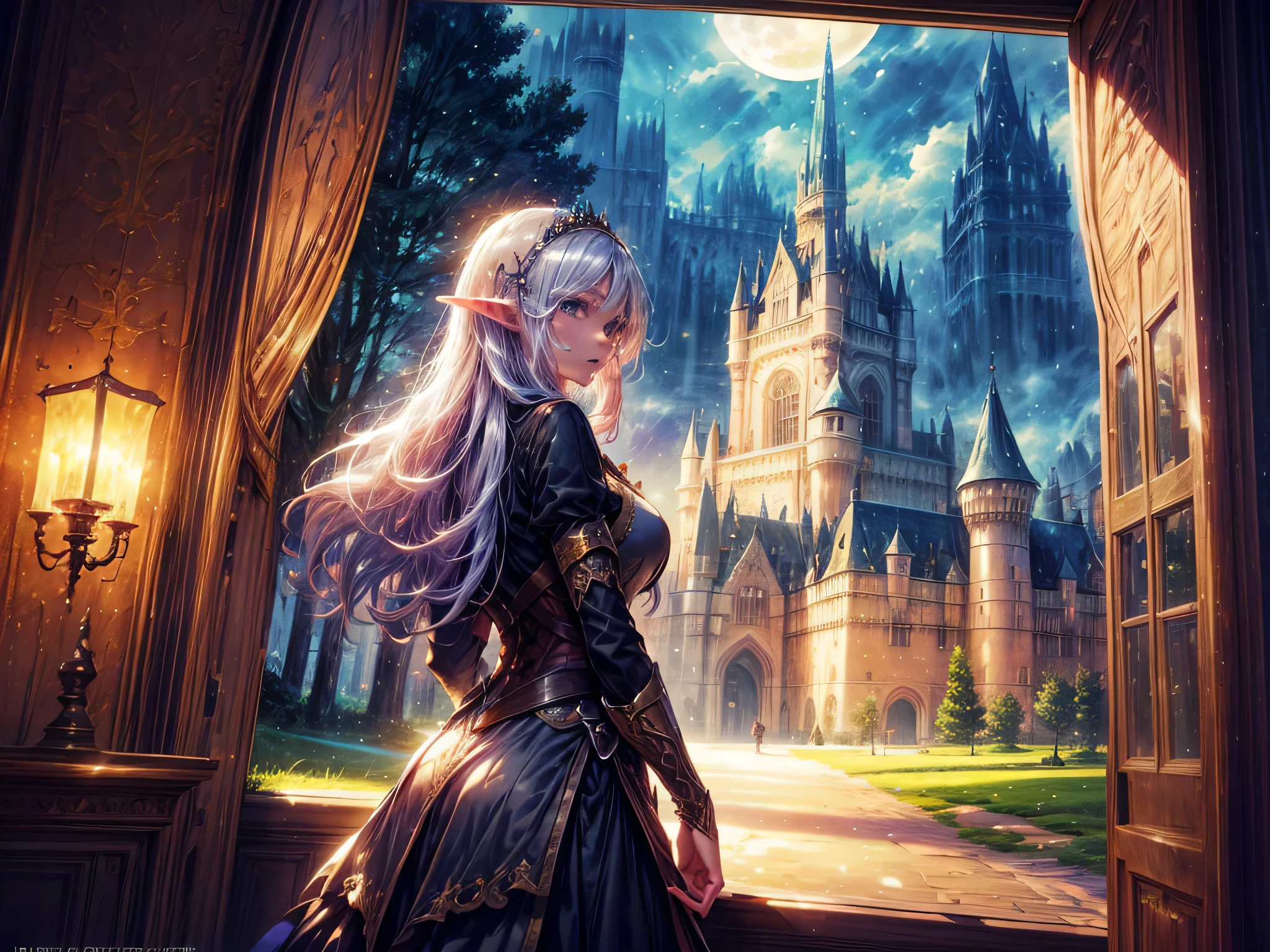 fantasy art, RPG art, a princess looking through her window at a magical castle, a beautiful elven princess looking through her window to see a magical castle, an impressive best detailed castle, with towers, bridges, a moat, standing on top of a mountain, moon, 