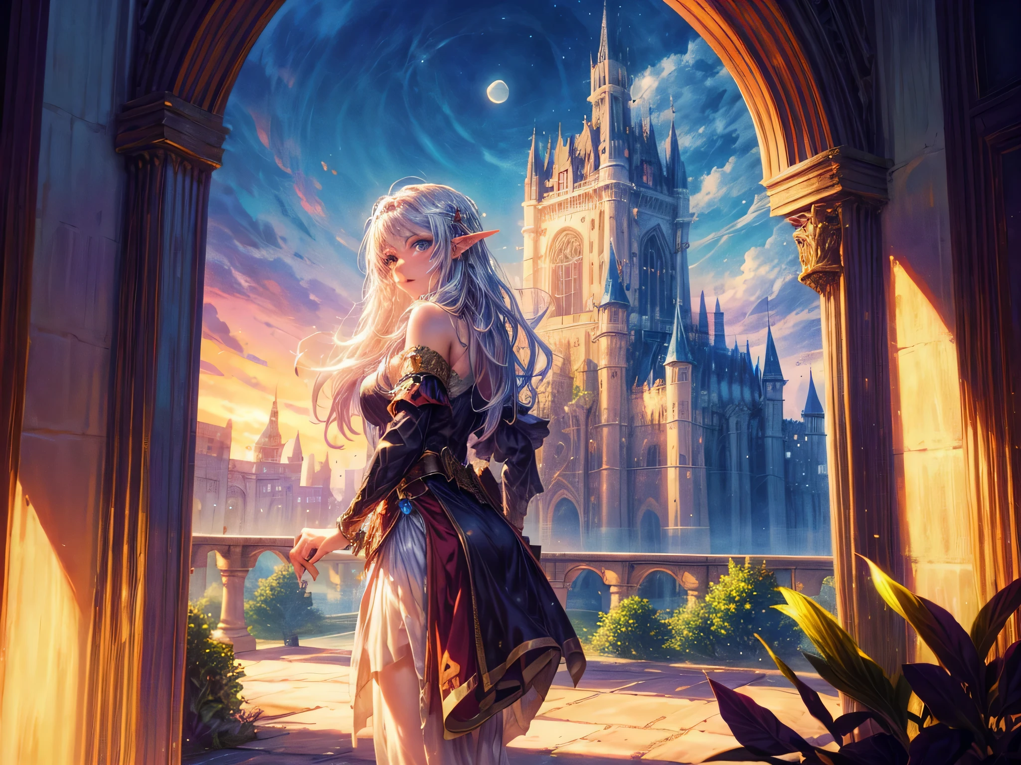 fantasy art, RPG art, a princess looking through her window at a magical castle, a beautiful elven princess looking through her window to see a magical castle, an impressive best detailed castle, with towers, bridges, a moat, standing on top of a mountain, moon, 