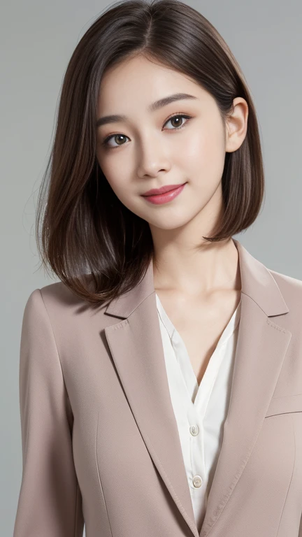 (Very detailedな CG Unity 8k 壁紙, highest quality, Very detailed, Looking at the camera:1.2, The light shines on your face:1.5, Gray background, Professional Lighting), Japanese women, 23 years old, Brightly lit upper body composition of a face. She has an oval face, Soft arched eyebrows, bright expressive eyes,,, pronounced nose, And a friendly smile. Her hair is shoulder length, straight, Dyed a pale chestnut color. She is wearing a smart casual blouse, Probably soft colors, Pair it with a chic blazer, Embody her lively and sociable personality