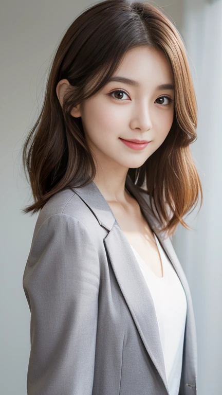 (Very detailedな CG Unity 8k 壁紙, highest quality, Very detailed, Looking at the camera:1.2, The light shines on your face:1.5, Gray background, Professional Lighting), Japanese women, 23 years old, Brightly lit upper body composition of a face. She has an oval face, Soft arched eyebrows, bright expressive eyes,,, pronounced nose, And a friendly smile. Her hair is shoulder length, straight, Dyed a pale chestnut color. She is wearing a smart casual blouse, Probably soft colors, Pair it with a chic blazer, Embody her lively and sociable personality