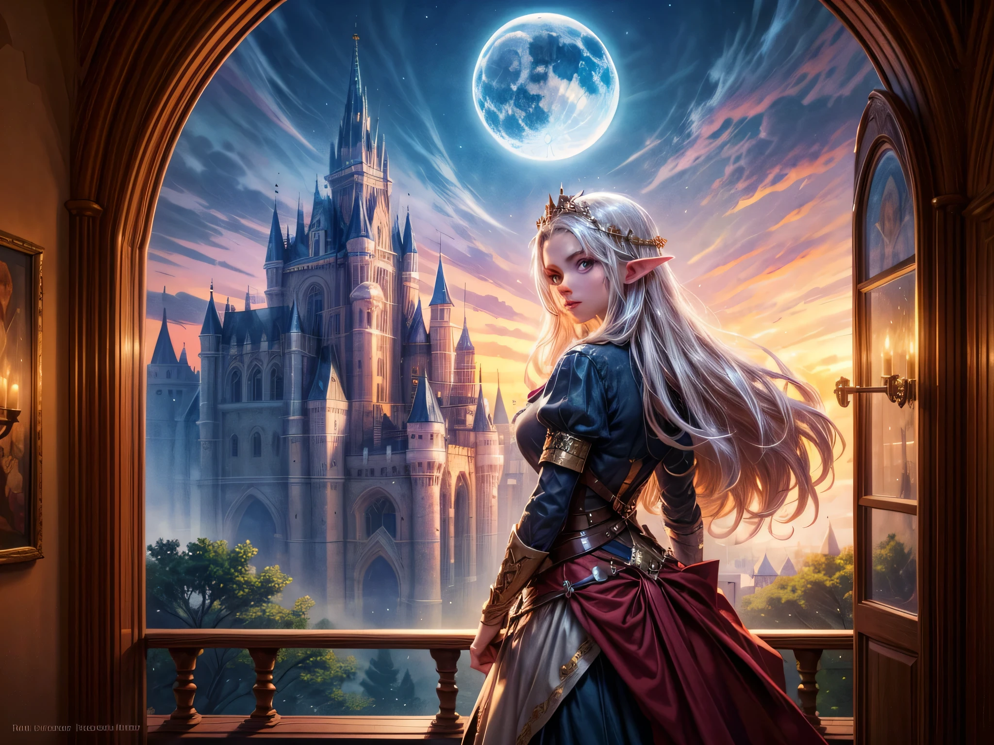 fantasy art, RPG art, a princess looking through her window at a magical castle, a beautiful elven princess looking through her window to see a magical castle, an impressive best detailed castle, with towers, bridges, a moat, standing on top of a mountain, moon, 