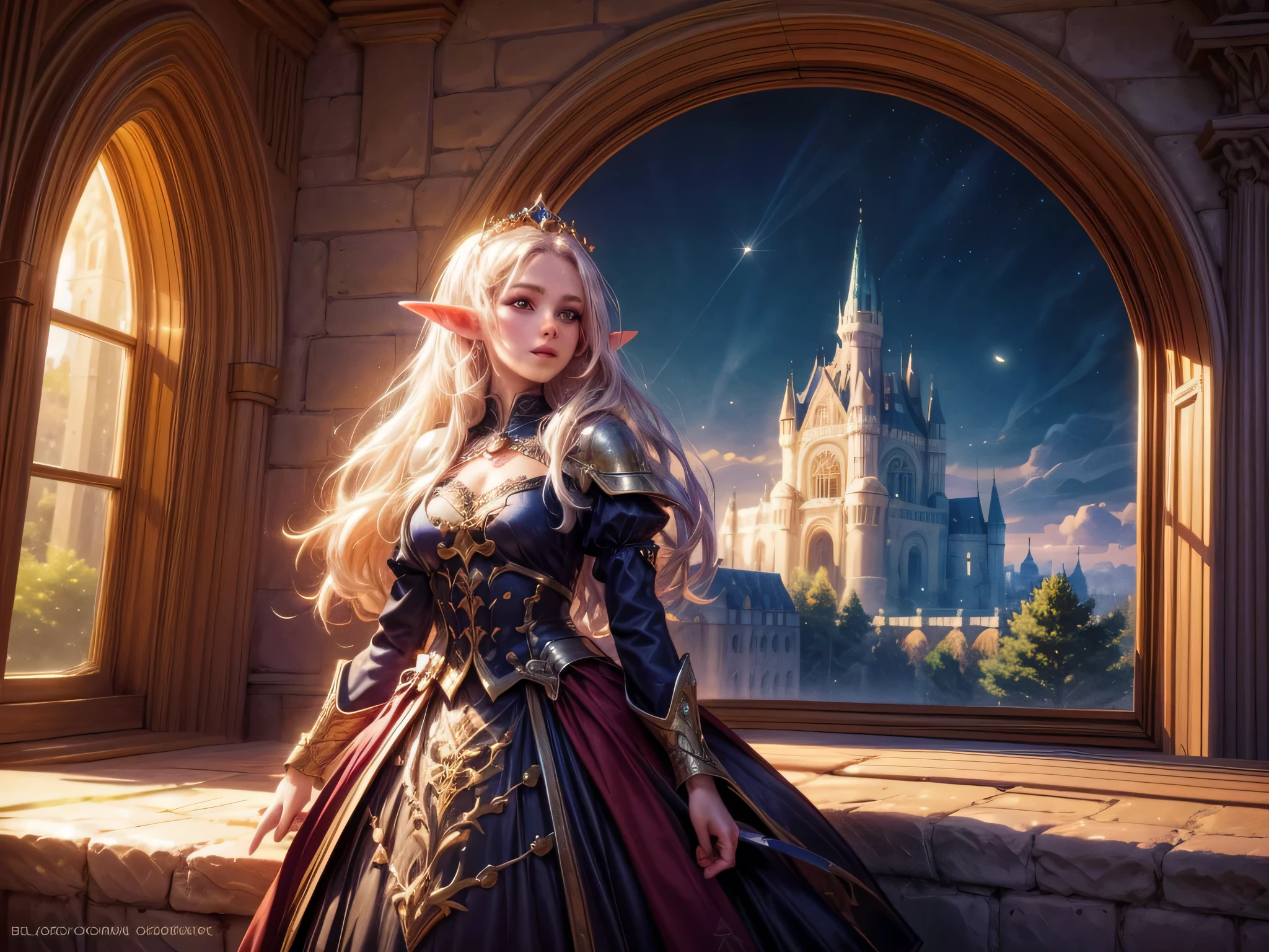 art fantastique, Art du RPG, une princesse regardant par sa fenêtre un château magique, une belle princesse elfique regardant par sa fenêtre pour voir un château magique, un château impressionnant et détaillé, avec des tours, des ponts, un fossé, debout au sommet d&#39;une montagne, lune, 