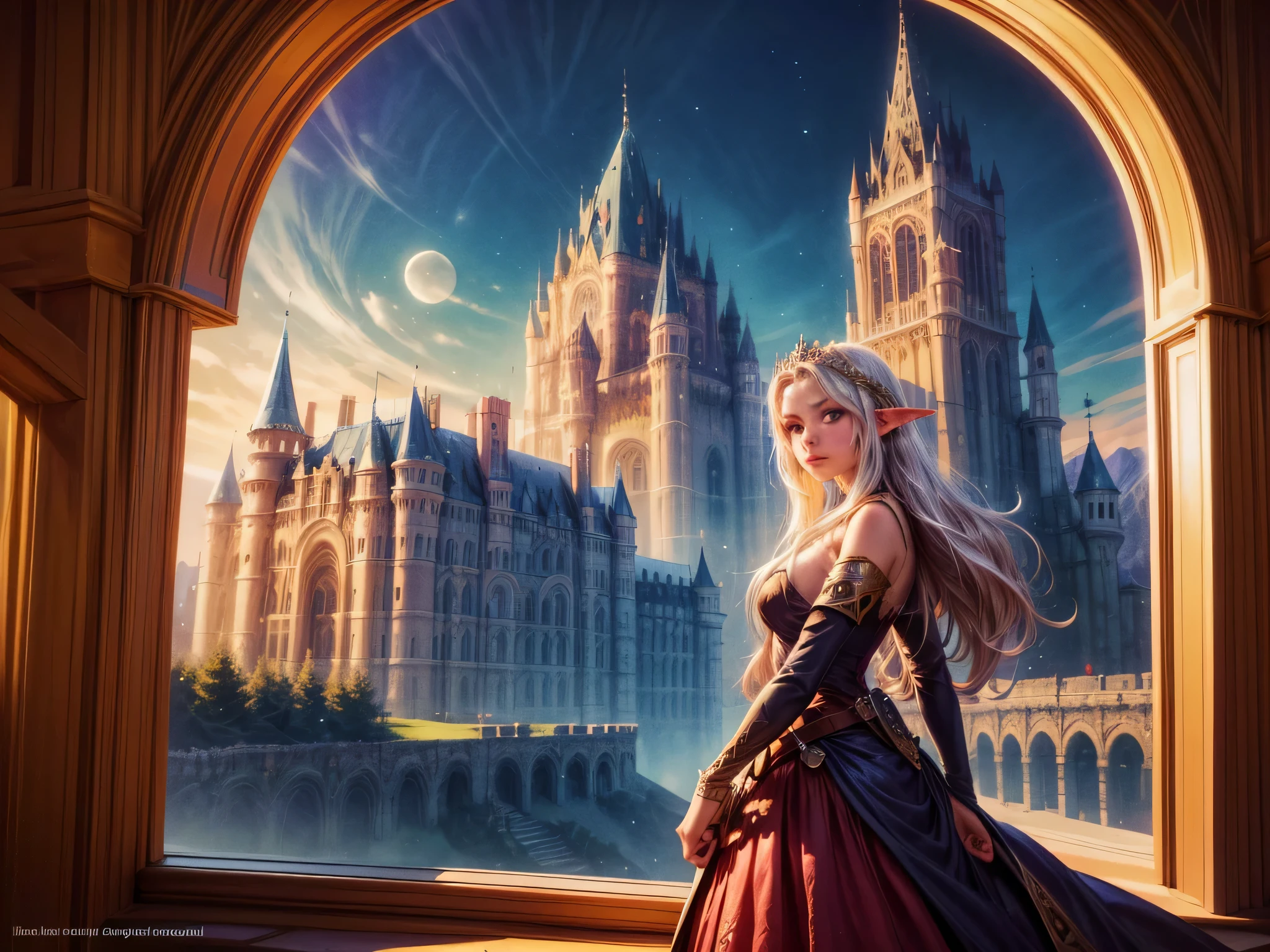 Fantasy-Kunst, RPG art, eine Prinzessin, die durch ihr Fenster auf ein magisches Schloss blickt, eine wunderschöne Elfenprinzessin, die durch ihr Fenster auf ein magisches Schloss blickt, ein beeindruckendes, detailgetreues Schloss, mit Türmen, Brücken, ein Graben, auf einem Berggipfel stehen, Mond, 