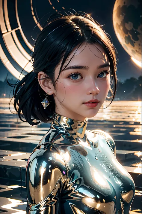 best quality, masterpiece, realistic, 1girl,  metallic dress, messy [updo|hanging] hair, (full body:0.6), solo, (full body:0.6),...