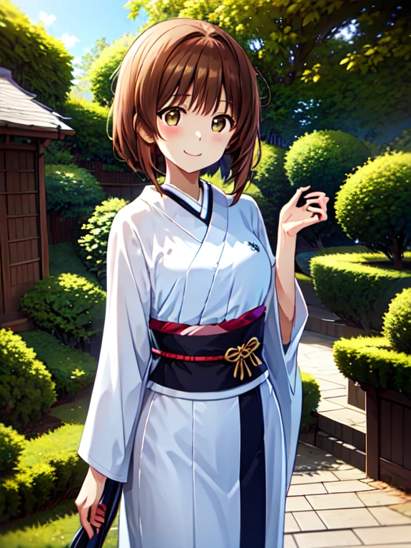 anime、animeAn illustration風、An illustration、highest quality，High resolution、alone、white furisode、Kimono from the Taisho era、Bronze colored hair、Mouth closed、garden、Front view、絶対的な基準をFront view、smile