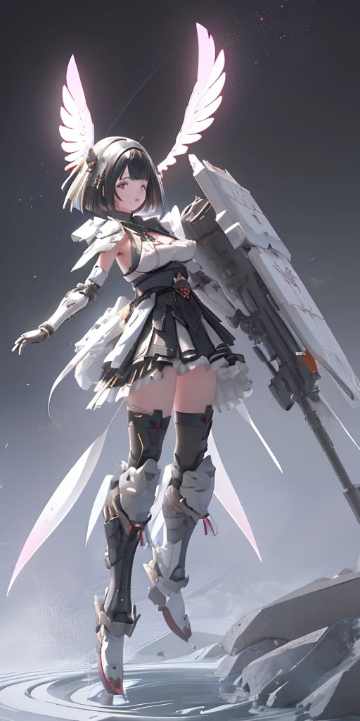 (highest quality)), ((masterpiece)), (Very detailed: 1.3), 3D, {(Japanese young girl)}, Japanese girl wearing gothic lolita outfit with white frills under armor,  wears a futuristic Gundam mecha,(Gundam), With headgear, With V-fin , Armored Shoulders,Armed, Armor under the feet,  Multi-layer texture perfect ratio, Octane Rendering, Duotone Lighting, Low ISO, wide aperture, White balance, Three-part method, Ultra HD 16k, High resolution (High Dynamic Range), Ray Tracing, NVIDIA, Super Resolution, Scattered beneath the surface, PBR Texturing, Post-processing, Anisotropic Filtering, Depth of written boundary, Maximum clarity and sharpness, Highly efficient subpixels, Subpixel Convolution, Particles of light, Scattered Light, Tyndall effect, whole body:1.5, Combat pose, cute, (cute:1.2), (Bobcut:1.3),Braid, Black Hair, Thick eyebrows, Light-colored irises, Big, bright black eyes, Long eyelashes, Small, light-colored, natural lips, (The average face of the Japan idol), (日本人特有のBaby Face:1.3), (Baby Face), Wide forehead:1.2, Plump Cheeks, Small jaw, Visible side boob, (Has a huge weapon:1.5), In the Hangar,View your viewers,Focus on the eyes 、Firing at ground facilities、Holding a gun with both hands、Camel Toe、Giant tit、Nipple Puffs、Cleavage、Plump、Super big breasts、Super big butt、The shield is up！