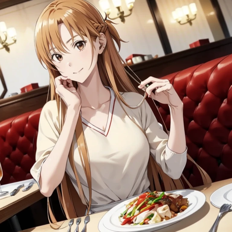 ((de la máxima calidad)), ((obra maestra)), (detallado), cara perfecta、Yuuki Asuna、（La mujer es una japonesa de pelo castaño.）、（Una mujer se sienta frente a un hombre blanco y disfruta de una comida en un bonito restaurante..）、Un hombre blanco consigue ligar con una mujer y se divierte con ella、((El hombre blanco es bien formado y tiene un cuerpo fuerte..))、La mujer está vestida casualmente.、Hombre vestido casualmente、El hombre y la mujer caucásicos tienen expresiones divertidas.