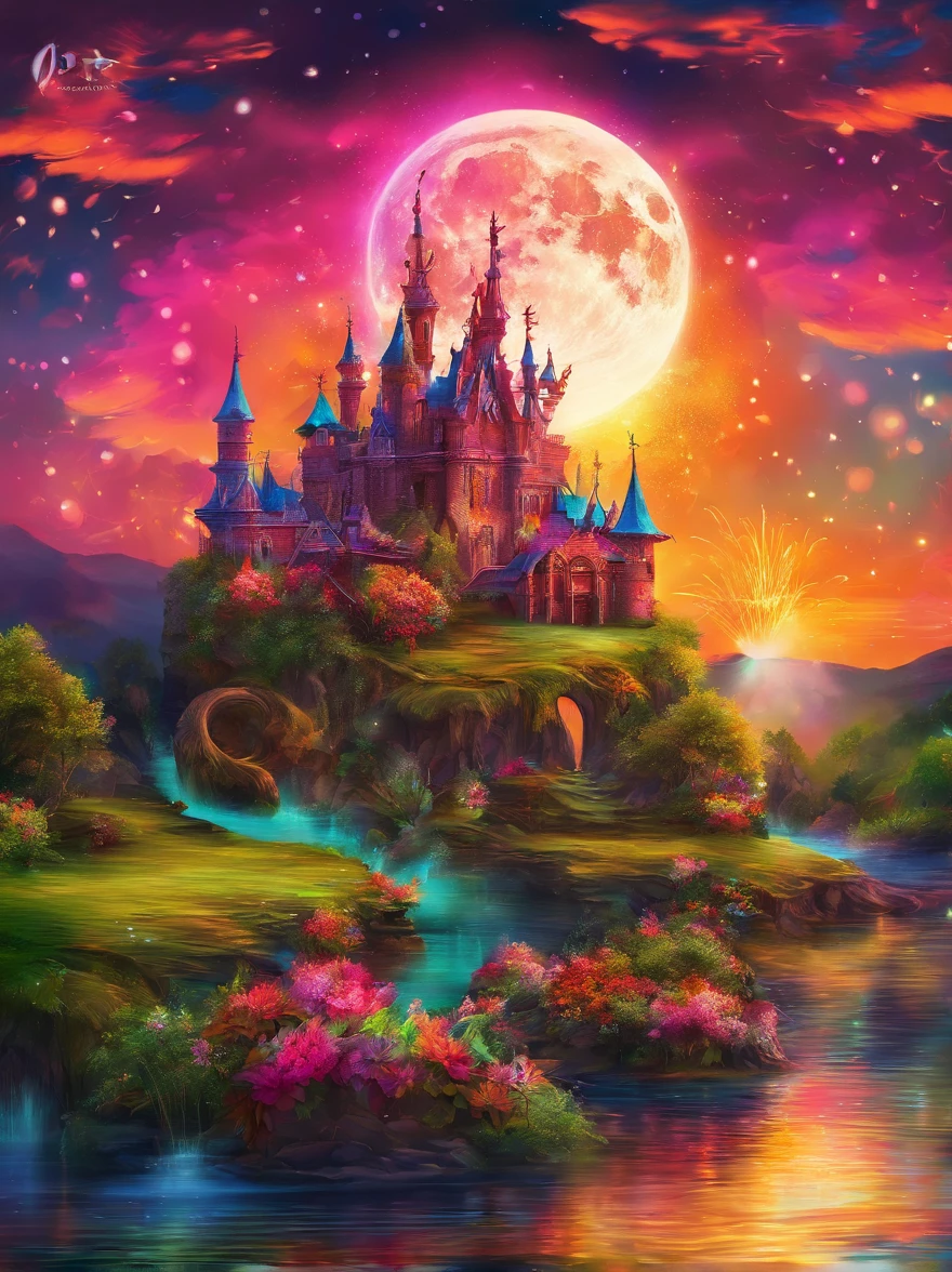(Neon)，Circuit Board，(moon:1.5)，(Bubbles)，(fireworks:1.5)，Dreams，(Psychedelic)，(Neon light)，(A peaceful and magical dream castle)，In this vibrant，Charming surroundings，center，A dreamy and majestic castle，Central Lake，Surrounded by a variety of aquatic plants，Many different types and colors of flowers adorn the beautiful landscape，Multiple waterfalls burst from nearby cliffs，Their waters sparkle in the dawn light，When they poured into the lake，The sun is just beginning to peek over the horizon，The first rays of sunlight of the day cast beautiful, warm tones over the castle and surrounding nature.，(Ultra HD, masterpiece, precise, Anatomically correct, textured skin, High Detail, high quality, The award-winning, 8k)
