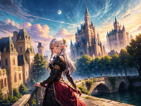 fantasy art, RPG art, a princess looking through her window at a magical castle, a beautiful elven princess looking through her ...