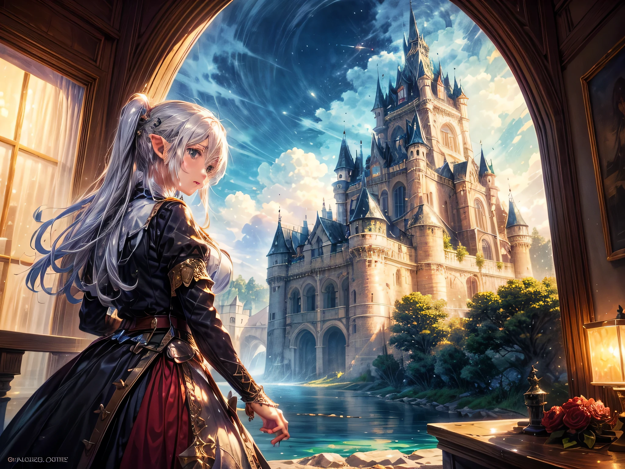 fantasy art, RPG art, a princess looking through her window at a magical castle, a beautiful elven princess looking through her window to see a magical castle, an impressive best detailed castle, with towers, bridges, a moat, standing on top of a mountain, moon, 