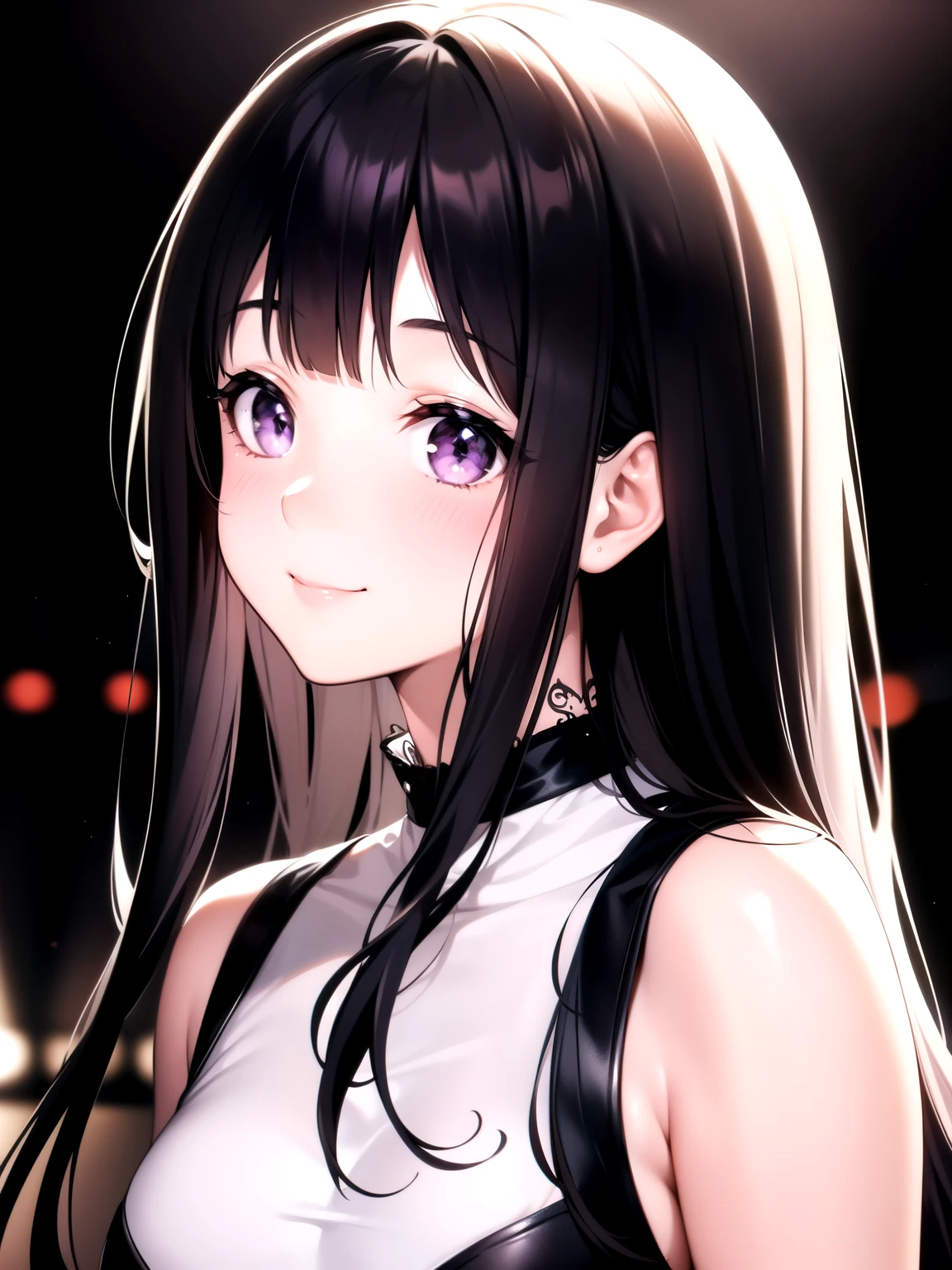 (A superb exquisite Chitanda Eru), (mature face), intricate details, (finely detailed beautiful eyes: 1.2), purple eyes, long black hair, natural straight hair, straight bangs, solo, [Small_breasts: large_breasts: 0.5], extremely delicate, peerless beautiful girl, dreamy quality, solid color, bright lips, slender waist, straight curves, soft lights and shadows, super fine, 8K HD, (masterpiece:1.4), (((timid smile, lights on stage, idol, punk clothes, portrait)))