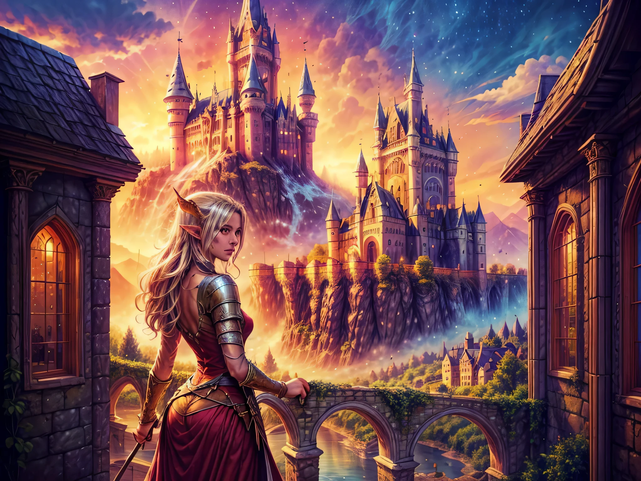 ファンタジーアート, RPGアート, 窓から魔法の城を眺める王女, 美しいエルフの王女が窓から魔法の城を眺めている, 印象的な最高の細部までこだわった城, 塔付き, 橋, 堀, 山の頂上に立つ, 月, 