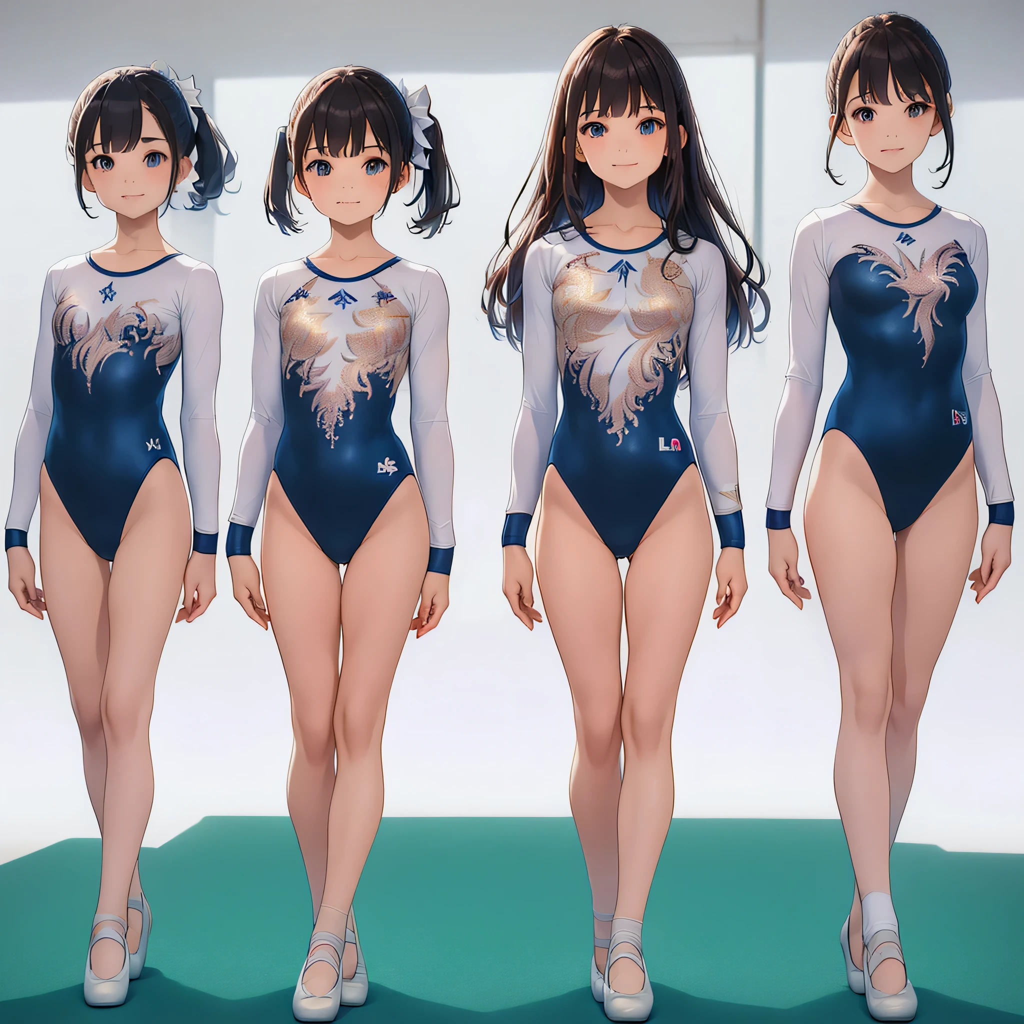 (masterpiece, best quality:1.2),Gymnastics club,(3 girls:1.3),(long sleeves leotard:1.3),(brocade pattern leotard:1.3),(white leotard),full body, pony tail, blue ribbon, long hair,(gymsuit:1.3),over 20 years old, under 25 years old:1.2), ballet shoes, white background