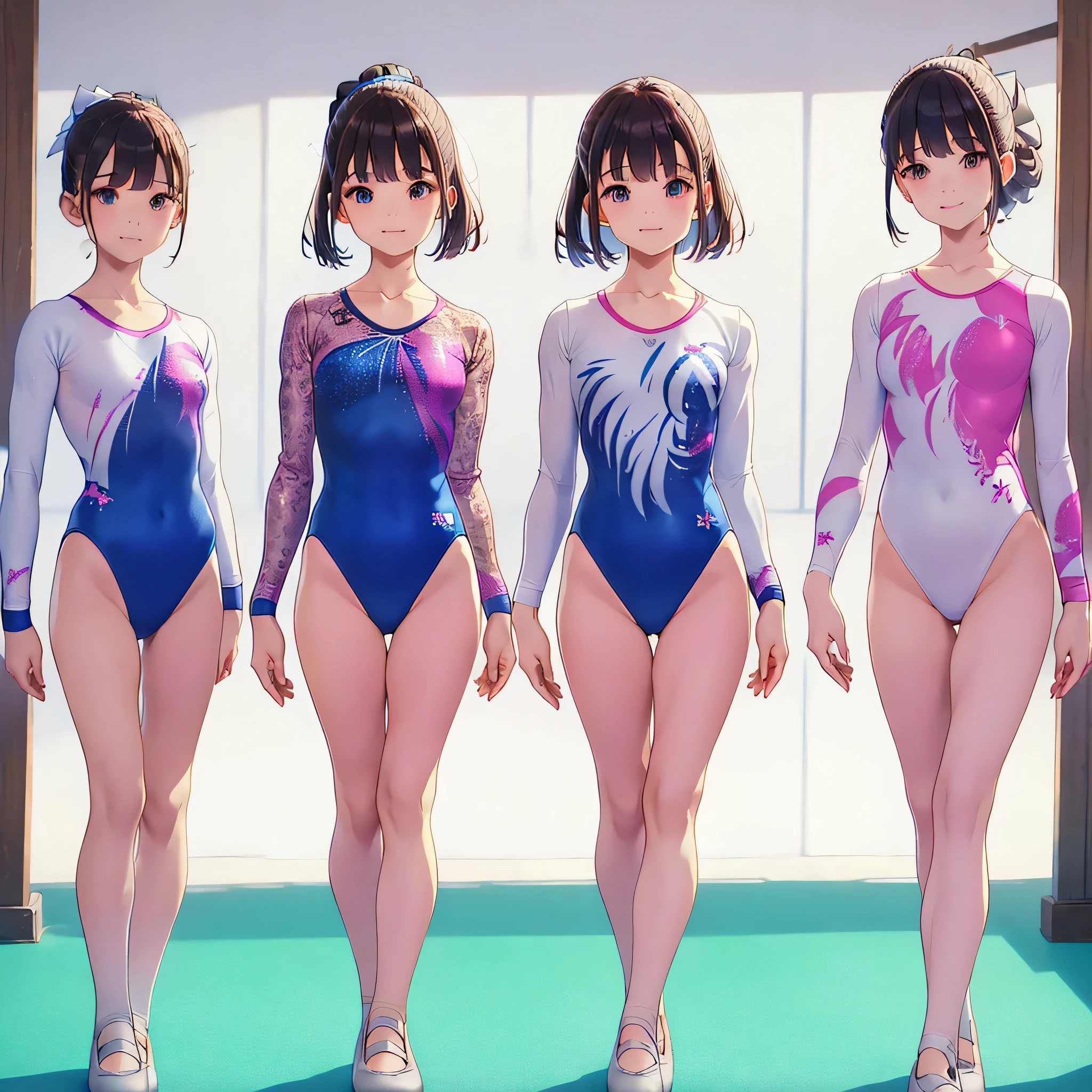 Gymnastics club,(3 girls:1.3),(long sleeves leotard:1.3),(brocade pattern leotard:1.3),(white leotard),full body, pony tail, blue ribbon, long hair,(gymsuit:1.3),over 20 years old, under 25 years old:1.2), ballet shoes, white background