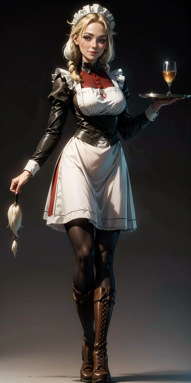 (masterpiece, plain background) full body standing straight symmetrical, lustful smirking smile face red blush red cheeks, looking at viewer, holding tray, braid, maid headdress, maid, dress, apron, long sleeves, brown pantyhose, long leather military boots, thighs, long white hair, dog fluffy ears