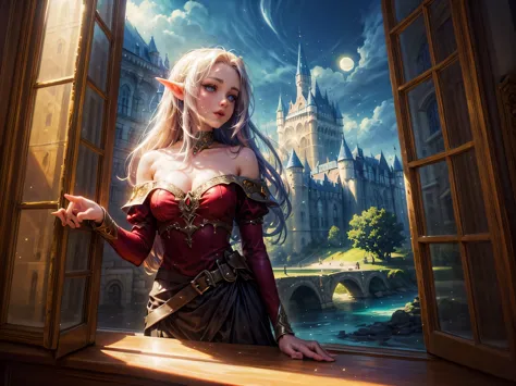 fantasy art, rpg art, a princess looking through her window at a magical castle, a beautiful elven princess looking through her ...