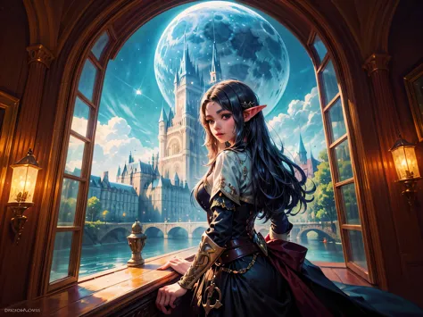 fantasy art, rpg art, a princess looking through her window at a magical castle, a beautiful elven princess looking through her ...