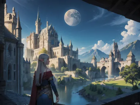 fantasy art, rpg art, a princess looking through her window at a magical castle, a beautiful elven princess looking through her ...