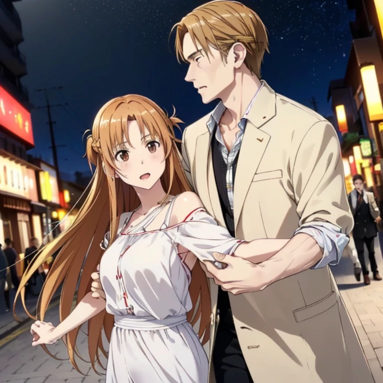 ((highest quality)), ((masterpiece)), (detailed), Perfect Face、Yuuki Asuna、（The woman is a brown-haired Japanese）、((The woman was completely drunk and staggered as she clung to the arm of a white man and walked through the city at night.))、（A Caucasian man holds a drunk woman close and walks through the city at night）、((The white man is well-built and has a strong body.))、The woman is dressed casually、Man dressed casually、（The woman is drunk, her face is red, and her eyes are closed.）、Night falls、