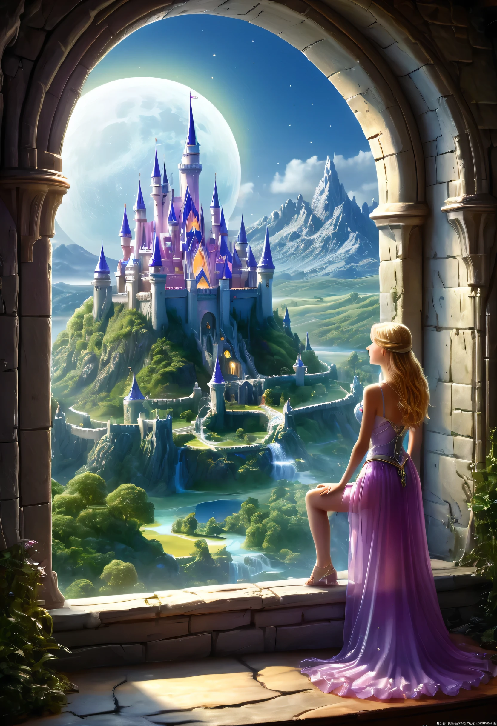 fantasy art, RPG art, a princess looking through her window at a magical castle, a beautiful elven princess looking through her window to see a magical castle, an impressive best detailed castle, with towers, bridges, a moat, standing on top of a mountain, moon, colouredglazecd_xl, BJ_Full_Moon