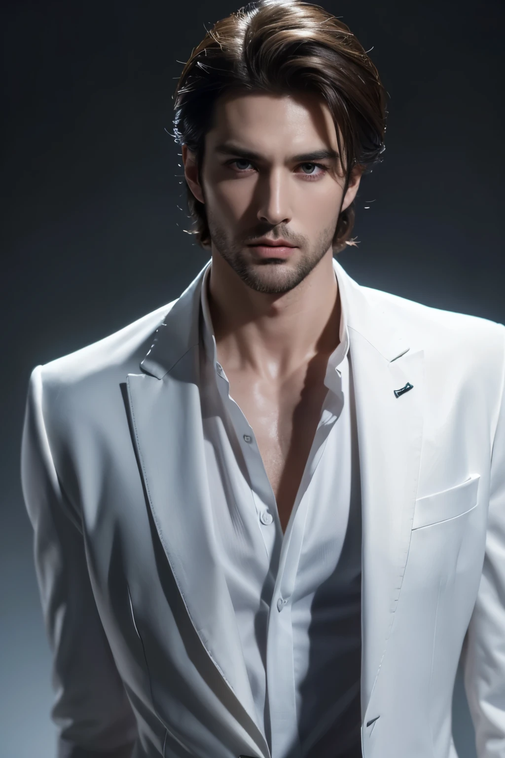 (best quality, 4k, highres) white handsome man, black shirt and suit, beautiful features, captivating gaze, perfectly styled hair, confident posture, dramatic lighting, artistic composition, smoldering expression, focus on his eyes, powerful presence, ((thin and tall)).