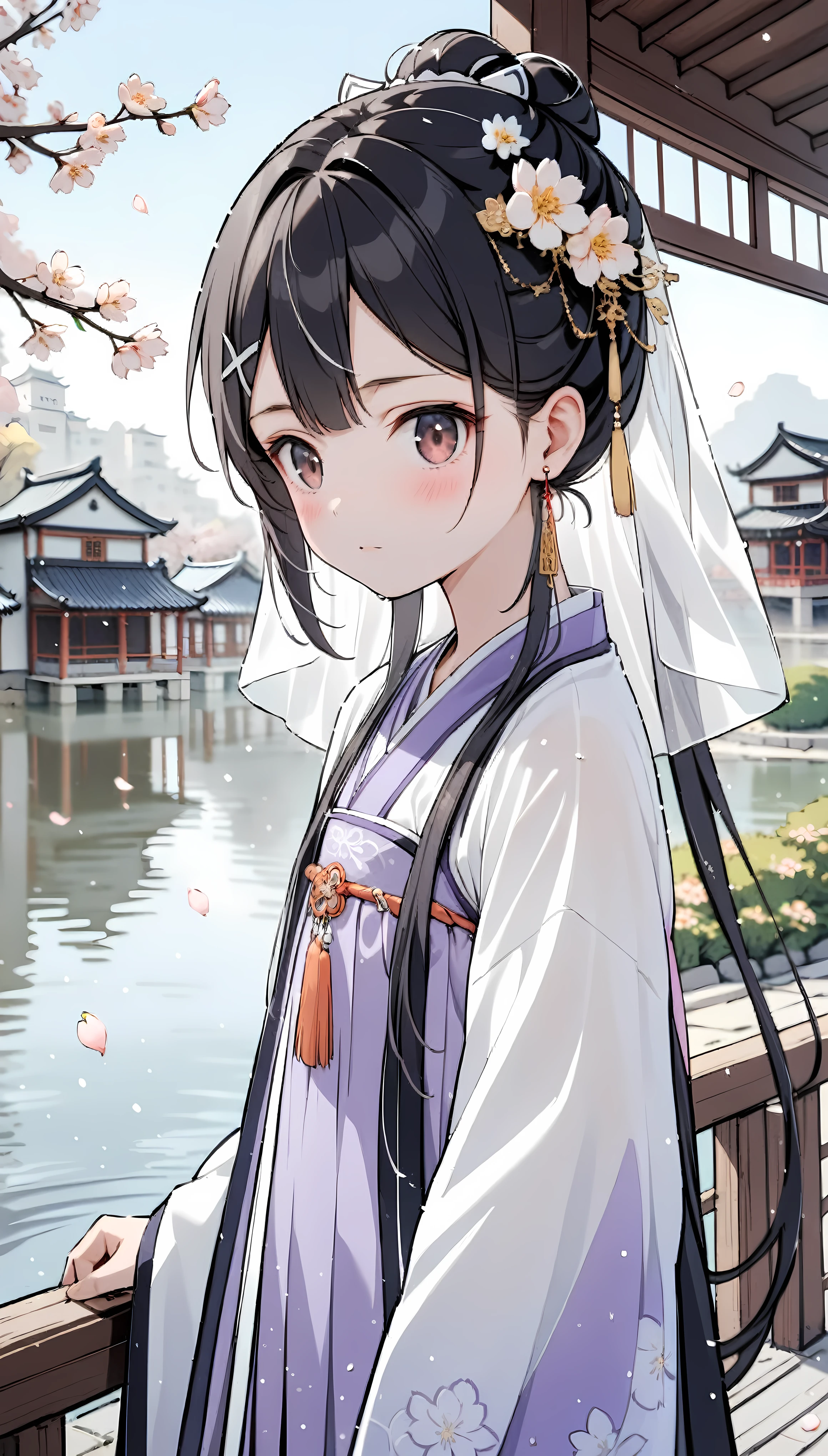 1girl,(Miyu Edelfelt),loli,solo,bangs,brown_eyes,black hair,updo,expressionless,blush,flower,beautiful detailed_background,small breasts,butterfly,(purple gorgeous hanfu, jin style outfits),gold trim,upper shan, chest ru skirt, cape coat,earrings,mask,chain,face chain,((veil)),explicit,flower,general,x hair_ornament,hanfu,holding an oil-paper umbrella,((peach blossom)),jewelry,long_hair,looking_at_viewer,questionable,sensitive,solo,tassel,tassel_earrings,upper_body,outdoor,(spring),rain,Chinese style architecture, Chinese style, lake, ancient town, beautiful and meticulous water, (Fishing boat), pavilion,steam,Surrounding by falling peach blossoms petals, han style