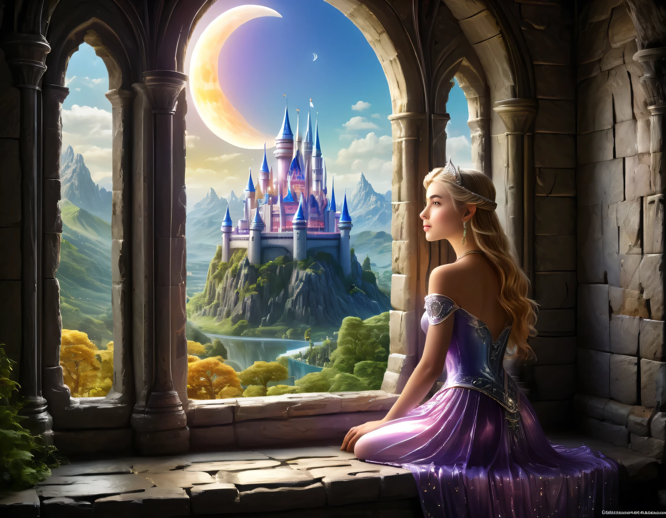 fantasy art, RPG art, a portrait picture of a beautiful human  princess looking through her window at a magical castle, a beautiful elven princess looking through her window to see a magical castle, an impressive best detailed castle, with towers, bridges, a moat, standing on top of a mountain, moon, colouredglazecd_xl, BJ_Full_Moon