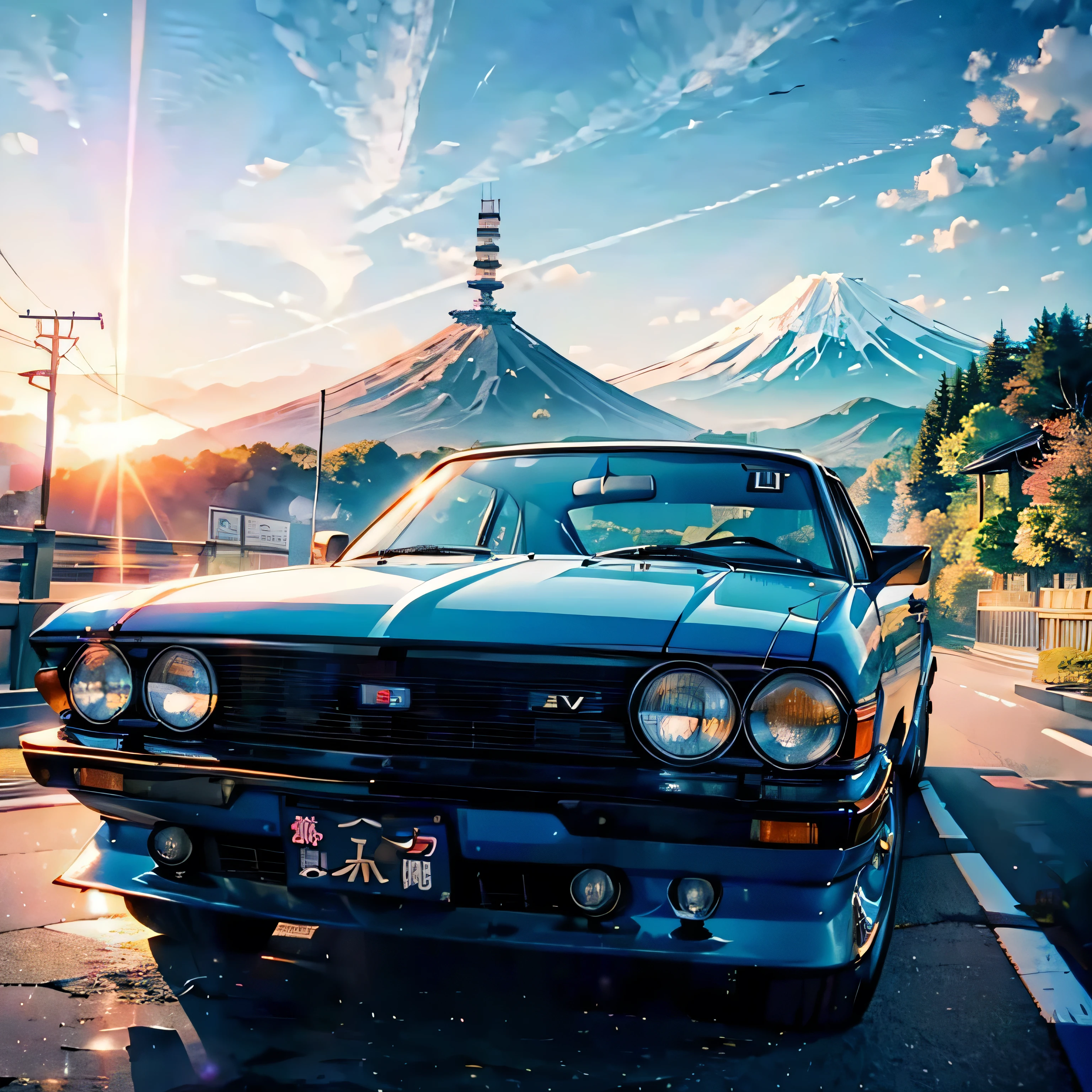 (japan car, old cars:1.1, drift),(Mount Fuji:1.1, fogg:0.9),(best quality, 4k, ultra-detailed, realistic:1.37), (landscape), (vivid colors, warm tones), (soft lighting) (datsun 510) 