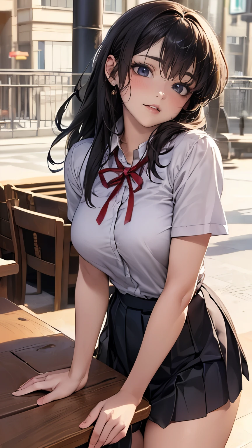(depicting a single moment from a anime for adults), ((pleated skirt, ribbon, round face, eyes with realistic sizing, drooping eyes, blush, shame smile, thin lips, spread legs)), (((standing and straddling to hit her crotch against the corner of the table for self pleasure))), open mouth, (outside, on the sidewalk, terrace table),