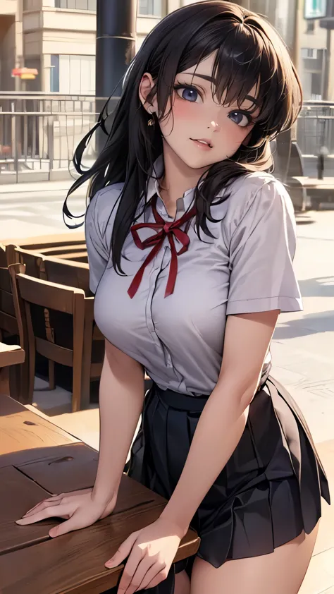 (depicting a single moment from a anime for adults), ((pleated skirt, ribbon, round face, eyes with realistic sizing, drooping e...