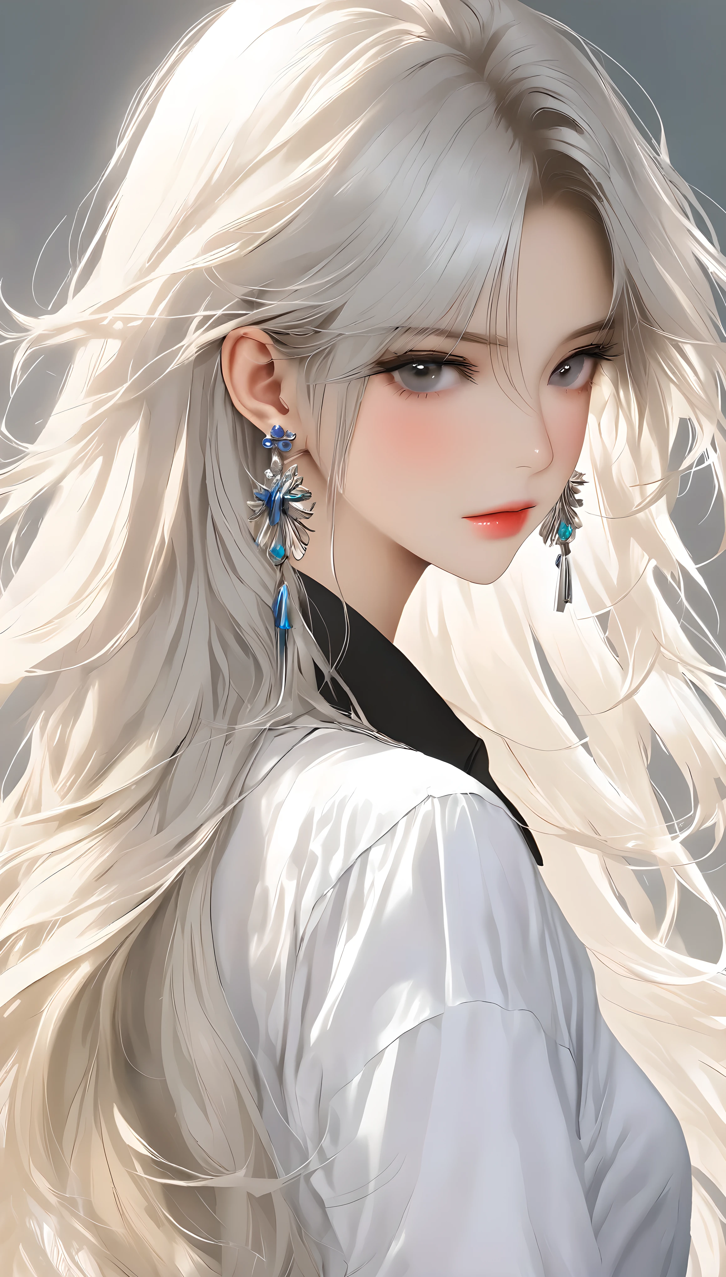 1 Girl, Solitary, Long hair, shirt, white shirt, Bangs, Upper Body, earrings,  jewelry, white hair, Shut up、Look ahead