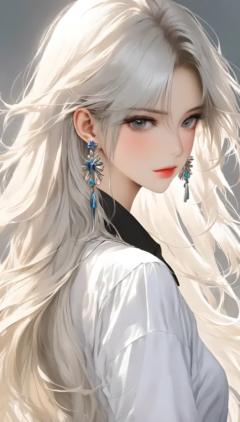 1 girl, solitary, long hair, shirt, white shirt, bangs, upper body, earrings,  jewelry, white hair, shut up、look ahead