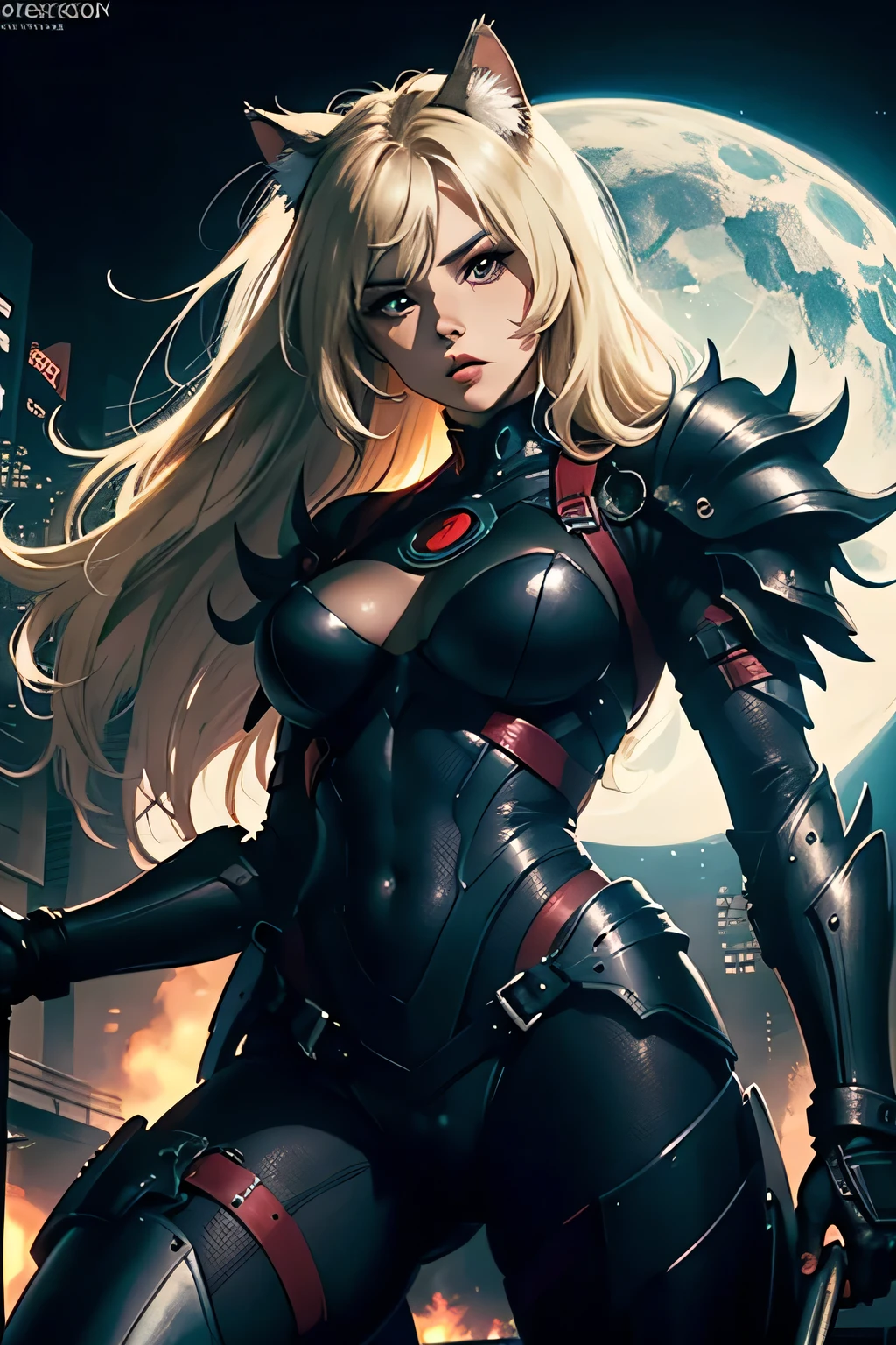 ((highest quality)), ((masterpiece)), (be familiar with), (High definition), 8K, Perfect Face, Two blonde women with cat ears, (Astride a metal sphere), Anguished expression, tall, 2 Blonde cat ears, 2. Long Hair, 2. Volumetric hair style, Large Breasts, Constricted waist, Big Ass, glamorous, Alluring, protector, Armor, combat suit, Combat Boots, Armament, Cinematic, Best Shadow, Side lighting, NEO TOKYO, cowboy shot,(Close-up of face)