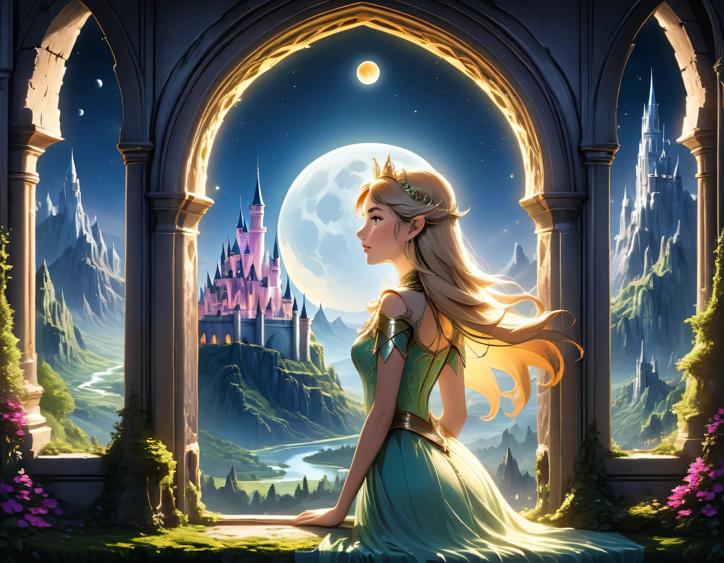 arte de fantasia, Arte RPG, um retrato de um (linda princesa humana: 1.2) olhando pela janela para um castelo mágico, uma linda princesa élfica olhando pela janela para ver um castelo mágico, um impressionante castelo mais detalhado, com torres, pontes, um fosso, parado no topo de uma montanha, lua, esmalte colorido_Xl, BJ_completo_lua