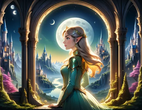 fantasy art, RPG art, a portrait picture of a (beautiful human princess: 1.2) looking through her window at a magical castle, a ...