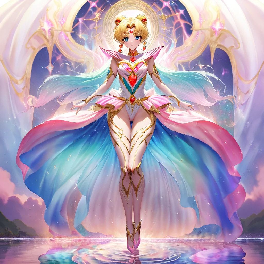 (ohwx) Sailor Moon disfruta de una cascada de aura de encanto místico, irradiando ondas vibrantes de energía mágica. Ella pronuncia con gracia el encantamiento., canalizando la Armadura del Amor, cuyo fascinante diseño revela un toque de sensualidad audaz sin dejar de ser elegante y adecuado para el trabajo.. Mientras la energía transformadora la envuelve, La cara de Sailor Moon se sonroja de cómica vergüenza al ver su atuendo con poca ropa.. Para preservar su modestia, ella intenta ajustar el revelador atuendo sin comprometer su encantador encanto.. La Armadura del Amor acentúa su gracia femenina, realzando su belleza etérea mientras suaves siluetas de delicado encaje y cintas brillantes adornan su esbelta figura.. Sus ojos brillan con una mezcla de determinación y vulnerabilidad., reflejando la dualidad de su espíritu valiente. La escena está bañada por un suave resplandor., creando un ambiente cálido y romántico que realza el encanto y la elegancia de la transformación de Sailor Moon.. Los colores, vibrante pero relajante, mezclar armoniosamente, evocando una sensación de fantasía y asombro. La escena está iluminada por una suave, Iluminación natural que acentúa los delicados rasgos del rostro de Sailor Moon, así como los intrincados detalles de su atuendo.. El fondo muestra un paisaje de ensueño de resplandeciente polvo de estrellas y elementos celestiales., resonando con el universo mágico que ella abraza. Esta obra maestra resuena con la mejor calidad., permitiendo a los espectadores sumergirse en el exquisito arte, artesanía ultra detallada, y colores vivos que dan vida a la transformación de Sailor Moon.. (tiro de cuerpo completo, muéstrala de pies a cabeza, mostrar toda ella)