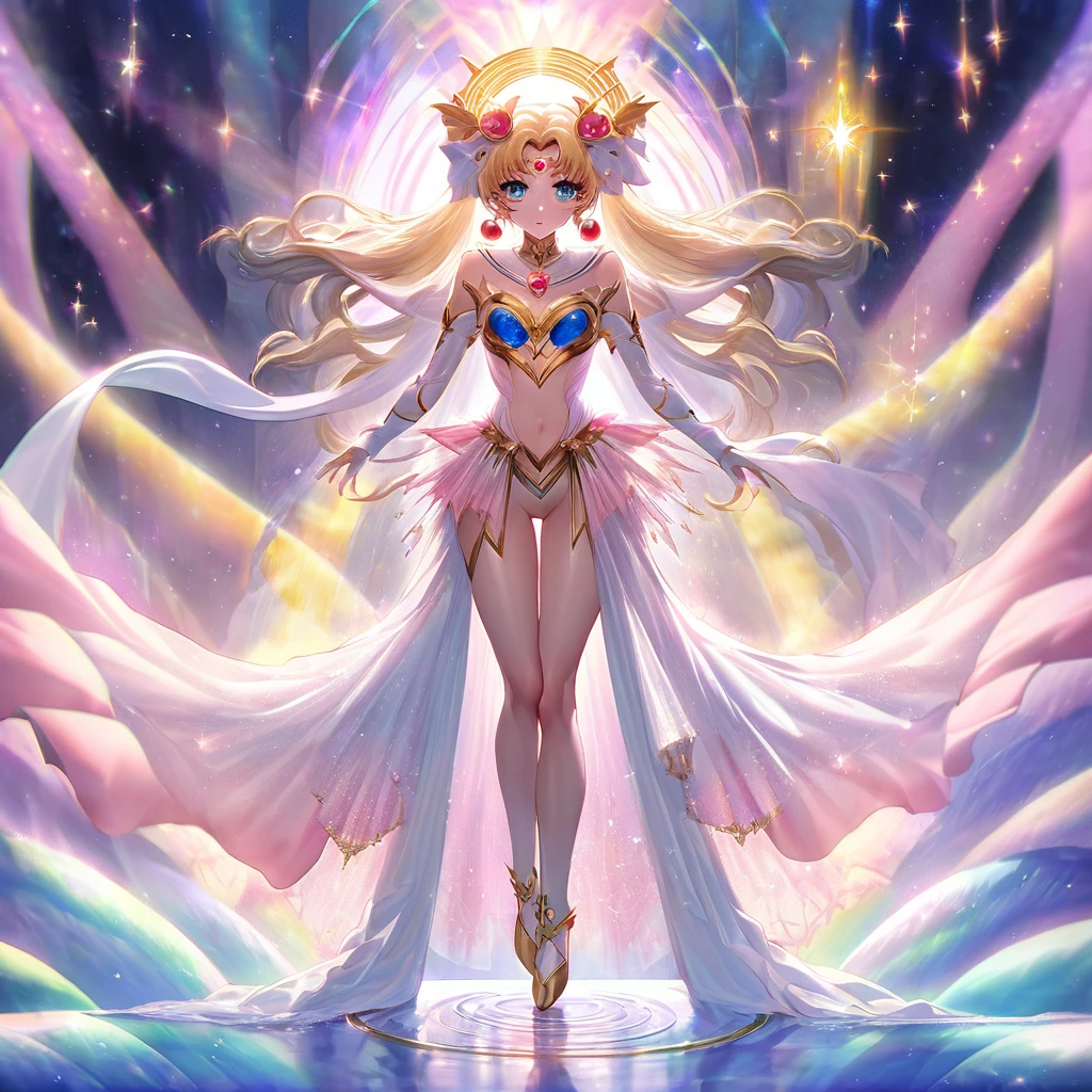 (ahwx) Sailor Moon desfruta de uma aura em cascata de encantamento místico, irradiando ondas vibrantes de energia mágica. Ela pronuncia graciosamente o encantamento, canalizando a Armadura do Amor, cujo design encantador revela um toque de sensualidade audaciosa, mantendo-se ao mesmo tempo adequado para o trabalho. À medida que a energia transformadora a envolve, O rosto de Sailor Moon fica vermelho de vergonha cômica ao ver seu traje seminu. Para preservar sua modéstia, ela tenta ajustar a roupa reveladora sem comprometer seu encanto encantador. A Armadura do Amor acentua sua graça feminina, realçando sua beleza etérea enquanto silhuetas suaves de rendas delicadas e fitas brilhantes adornam sua figura esbelta. Seus olhos brilham com uma mistura de determinação e vulnerabilidade, refletindo a dualidade de seu espírito corajoso. A cena é banhada por um brilho suave, lançando um ambiente acolhedor e romântico que realça o charme e a elegância da transformação de Sailor Moon. As cores, vibrante, mas calmante, misture harmoniosamente, evocando uma sensação de capricho e admiração. A cena é iluminada por um suave, iluminação natural que acentua os traços delicados do rosto de Sailor Moon, bem como os detalhes intrincados de sua roupa. O fundo mostra uma paisagem onírica de poeira estelar cintilante e elementos celestes, ressoando com o universo mágico que ela abraça. Esta obra-prima ressoa com a melhor qualidade, permitindo que os espectadores mergulhem na arte requintada, artesanato ultra-detalhado, e cores vivas que dão vida à transformação de Sailor Moon. (tiro de corpo inteiro, Mostre-a da cabeça aos pés, mostre tudo dela)