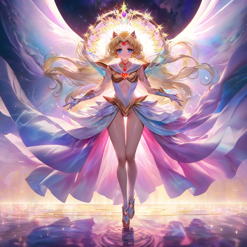 (ahwx) Sailor Moon desfruta de uma aura em cascata de encantamento místico, irradiando ondas vibrantes de energia mágica. Ela pronuncia graciosamente o encantamento, canalizando a Armadura do Amor, cujo design encantador revela um toque de sensualidade audaciosa, mantendo-se ao mesmo tempo adequado para o trabalho. À medida que a energia transformadora a envolve, O rosto de Sailor Moon fica vermelho de vergonha cômica ao ver seu traje seminu. Para preservar sua modéstia, ela tenta ajustar a roupa reveladora sem comprometer seu encanto encantador. A Armadura do Amor acentua sua graça feminina, realçando sua beleza etérea enquanto silhuetas suaves de rendas delicadas e fitas brilhantes adornam sua figura esbelta. Seus olhos brilham com uma mistura de determinação e vulnerabilidade, refletindo a dualidade de seu espírito corajoso. A cena é banhada por um brilho suave, lançando um ambiente acolhedor e romântico que realça o charme e a elegância da transformação de Sailor Moon. As cores, vibrante, mas calmante, misture harmoniosamente, evocando uma sensação de capricho e admiração. A cena é iluminada por um suave, iluminação natural que acentua os traços delicados do rosto de Sailor Moon, bem como os detalhes intrincados de sua roupa. O fundo mostra uma paisagem onírica de poeira estelar cintilante e elementos celestes, ressoando com o universo mágico que ela abraça. Esta obra-prima ressoa com a melhor qualidade, permitindo que os espectadores mergulhem na arte requintada, artesanato ultra-detalhado, e cores vivas que dão vida à transformação de Sailor Moon. (tiro de corpo inteiro, Mostre-a da cabeça aos pés, mostre tudo dela)