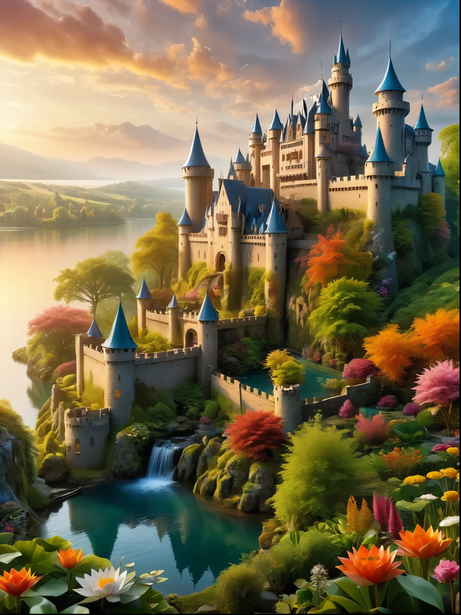 Imagine um mundo de fantasia sereno e mágico. No coração desta vibrante, cenário encantado ergue-se um castelo majestoso. Fica no meio de um lago extenso, cercado por uma variedade de diversas plantas aquáticas. Muitas flores de diferentes tipos e cores radiantes pontuam a linda paisagem, aumentando seu charme. Várias cachoeiras brotam de penhascos próximos, a água deles brilhando sob a luz do amanhecer enquanto eles alimentam o lago. O sol está apenas começando a aparecer no horizonte, casting bonito, tons quentes no castelo e na natureza circundante com a primeira luz do dia.