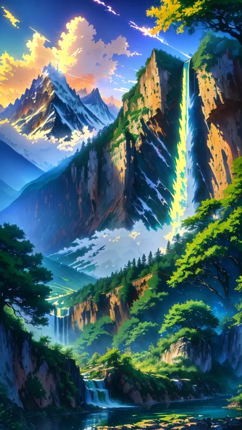 painting of a waterfall and a mountain with a waterfall in the foreground, anime landscape, anime landscape wallpaper, anime nat...