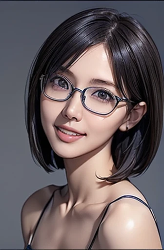 (masterpiece), (8k, best quality, high resolution), (ultra-detailed, realistic), (anatomically correct),  
((face close-up)), (Standing), (No background),
(1woman),  (looking at viewer), 
(A Japanese woman, 30 years old and 155cm tall.), 
(black hair), (straight hair), (short hair style), (bob cut), (hair behind ears), 
(wear glasses), ((black cell frame glasses)), 
((Wear a navy blue spaghetti strap dress)), (Mini length dress with simple design), 
(Create a detailed image of the eye), 
(Her impression is pure, clean and kind.), 
((A captivating smile, just showing a few teeth.)), 　 
