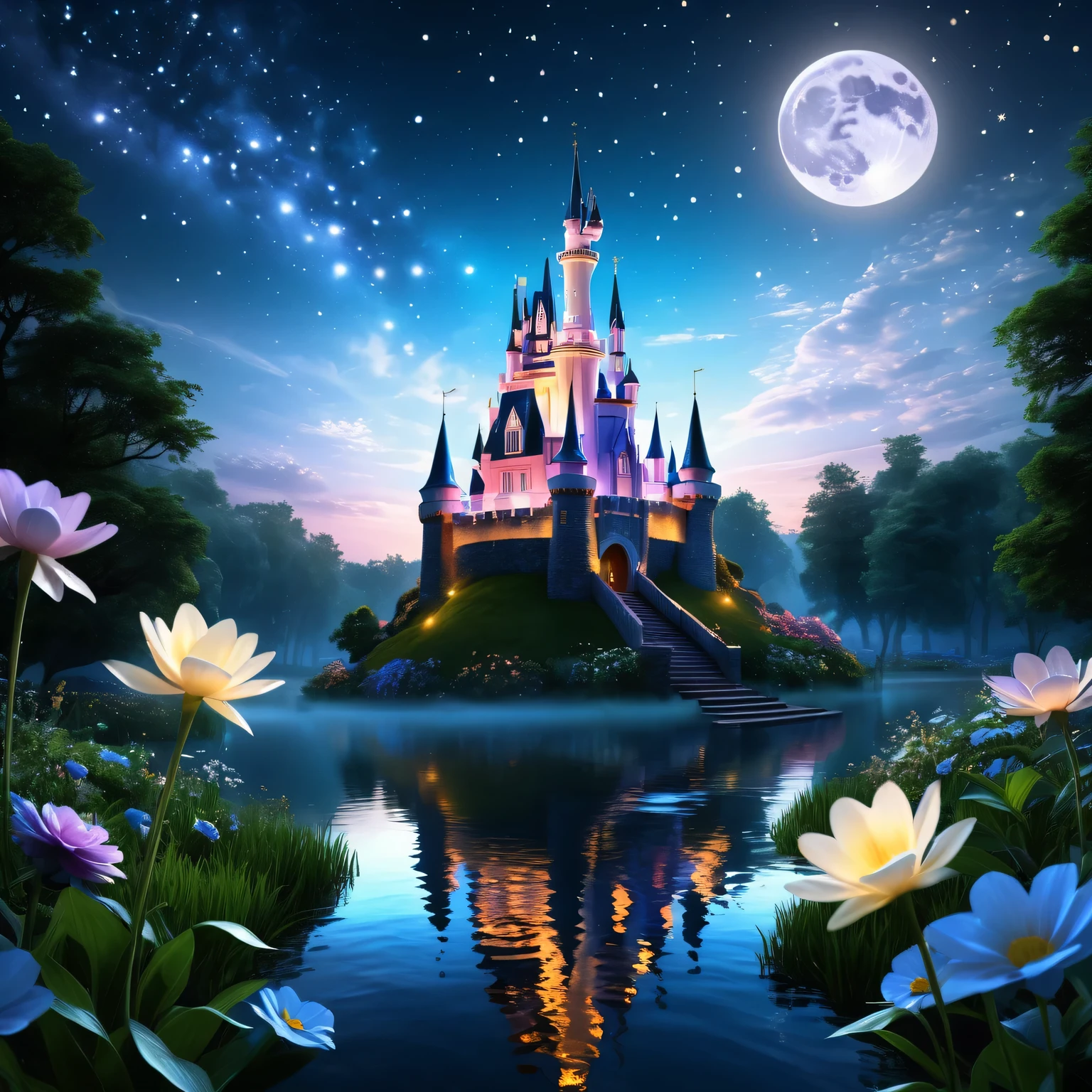(best quality,4k,8k,highres,masterpiece:1.2),ultra-detailed,(realistic,photorealistic,photo-realistic:1.37)，Dreamy，glass castle，Twinkle Stars，Soft moonlight，Extensive garden，iridescent flowers，Ethereal music，peaceful tranquility，Magic of Heaven，Whispering Wind，Charming charm，Imagine it，Awesome beauty，Seemingly infinite，Romantic Serenade